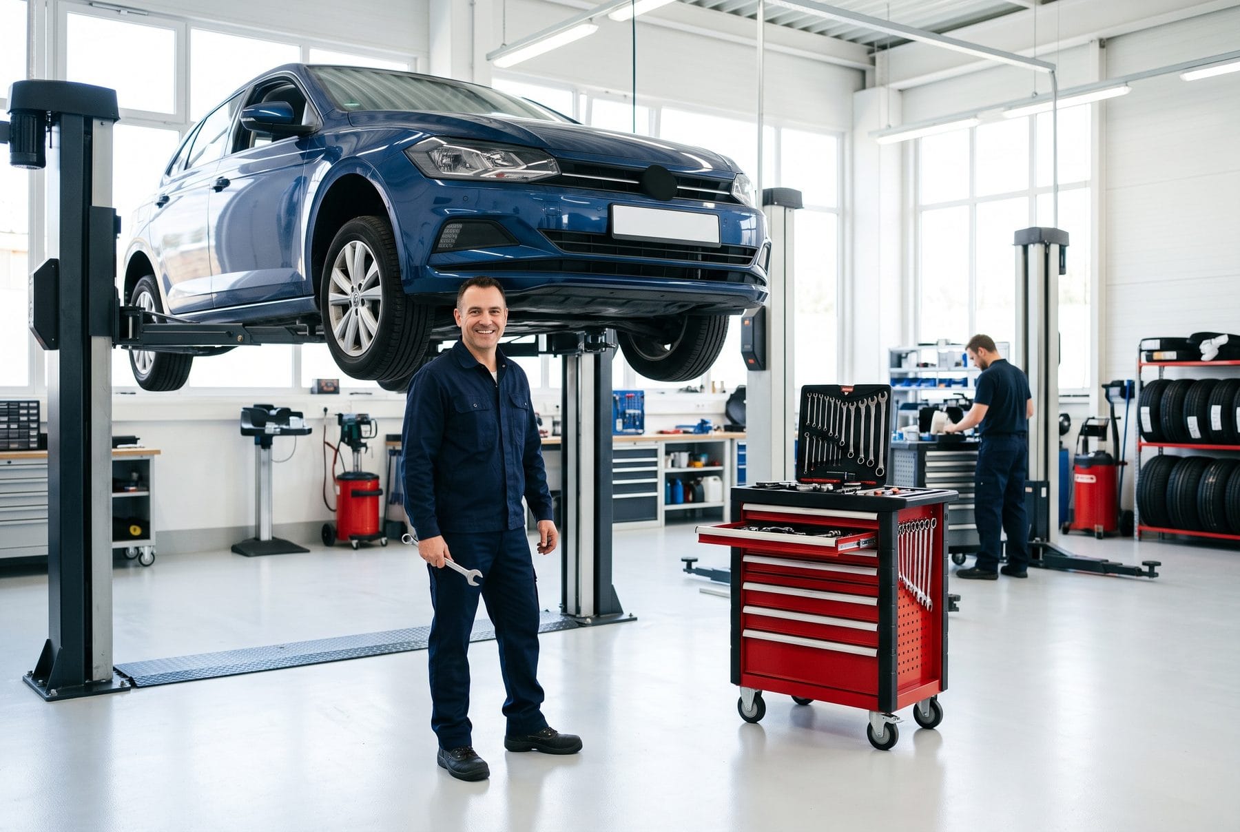 Ein Mechaniker steht neben einem Fahrzeug auf der Hebebühne in einer hellen Werkstatt.