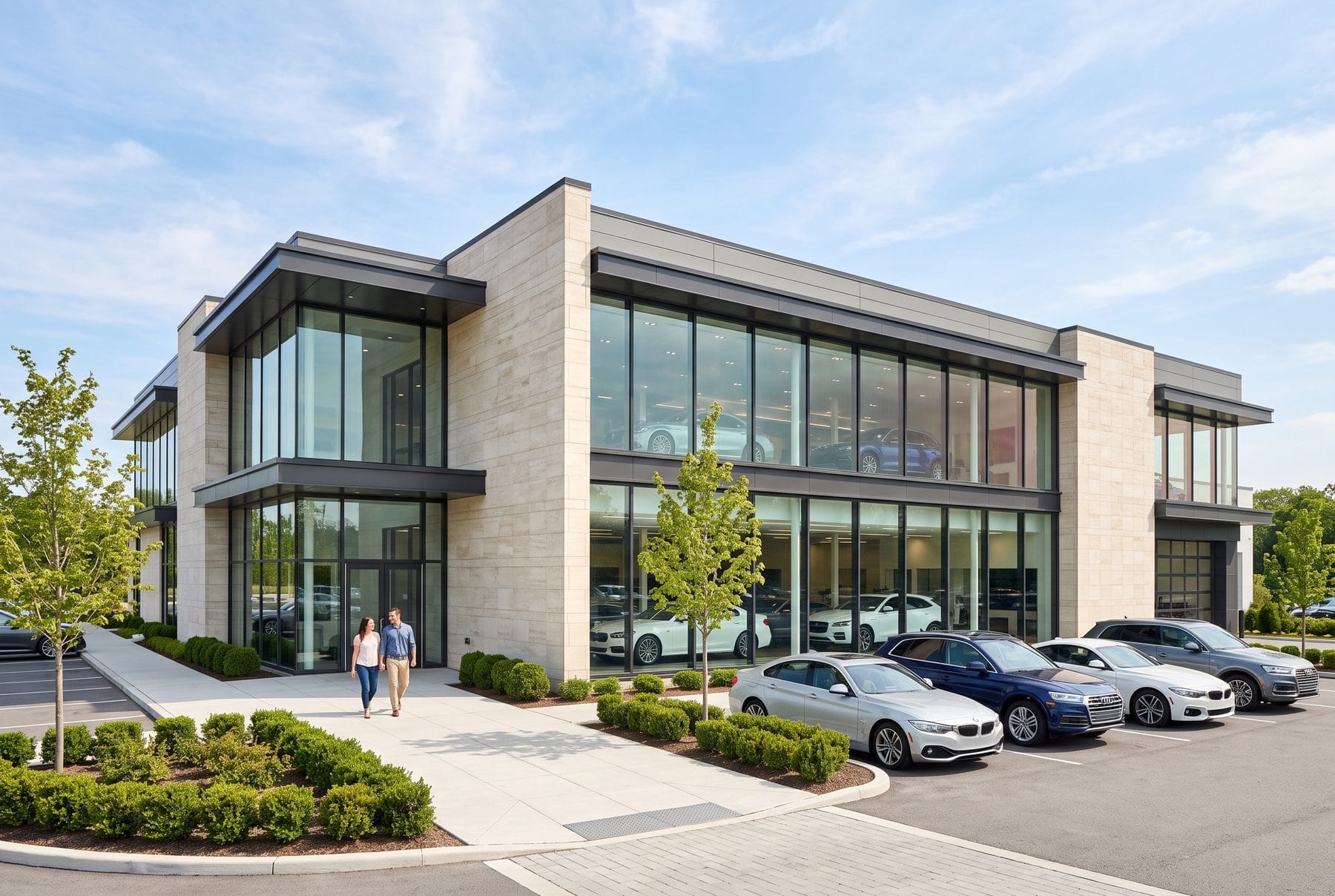 Das Autohaus von außen: ein zweigeschossiger Glasbau mit Fahrzeugen auf dem Vorplatz.