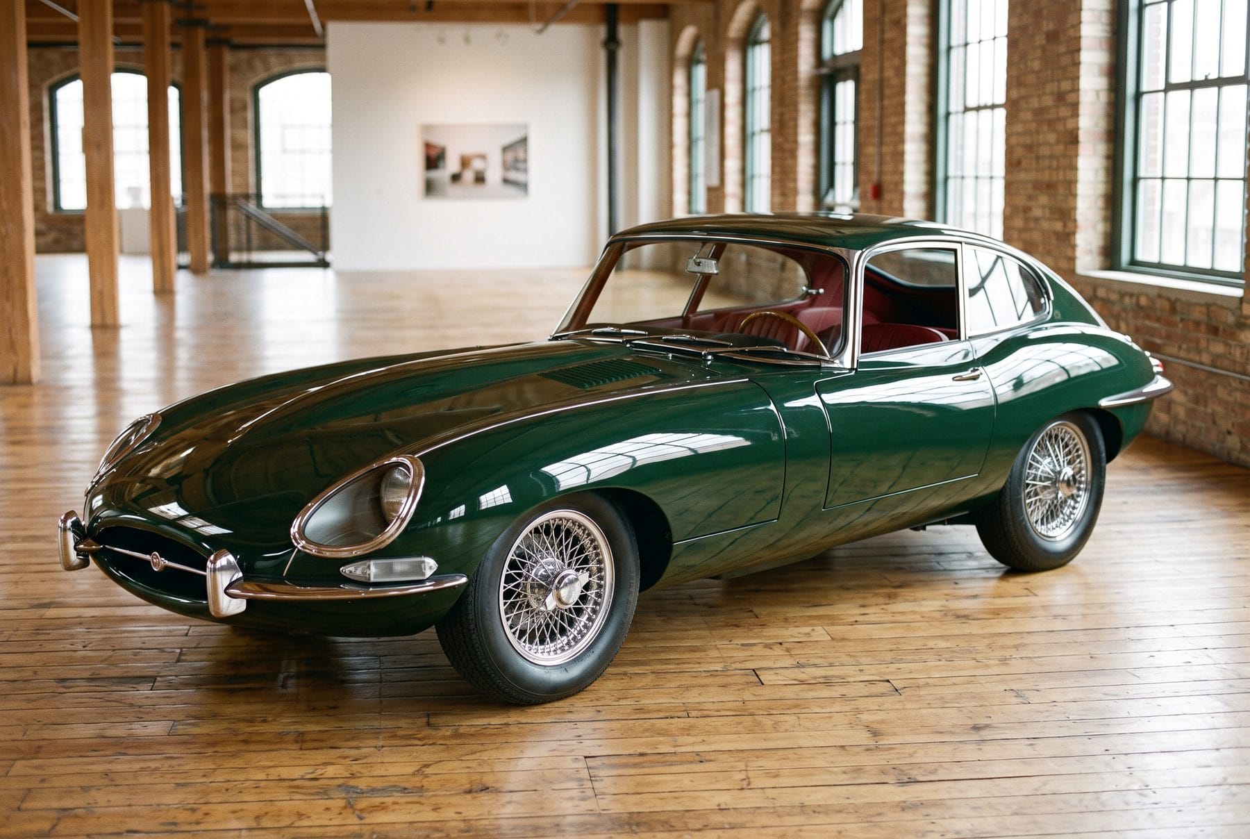 Dunkelgrüner Jaguar E-Type mit Drahtspeichenrädern auf einem Holzboden.