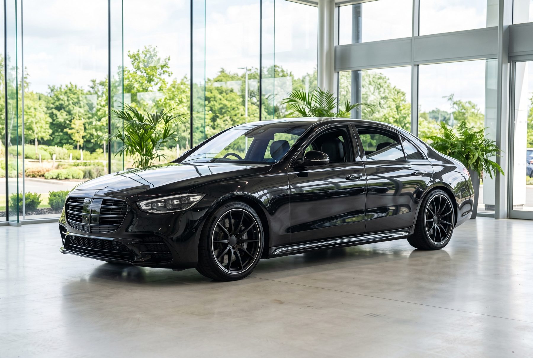 Schwarze Mercedes-AMG S 63 Limousine von schräg vorne im Ausstellungsraum.